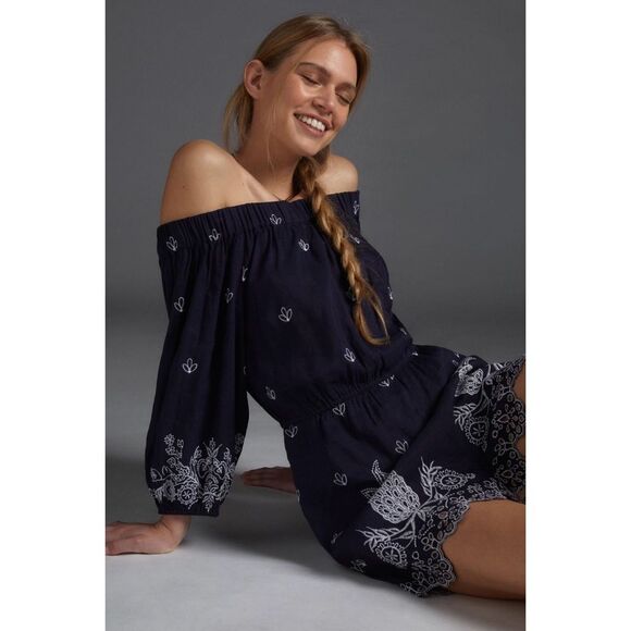 Anthropologie x Farm Rio Jackie Embroidered Romper Navy MSRP $168 Small Petite - Picture 3 of 3